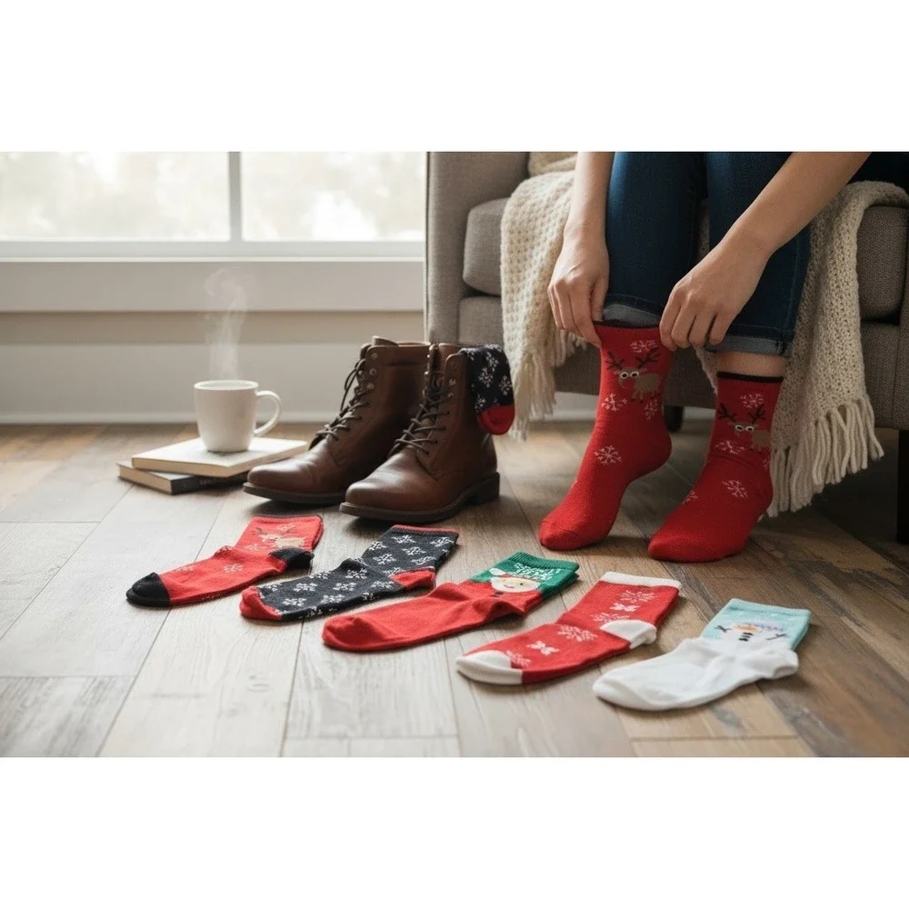 Novelty Christmas Knit Socks 5.5-9 US Holiday Snowflakes Unisex Soft Cozy‎ NEW